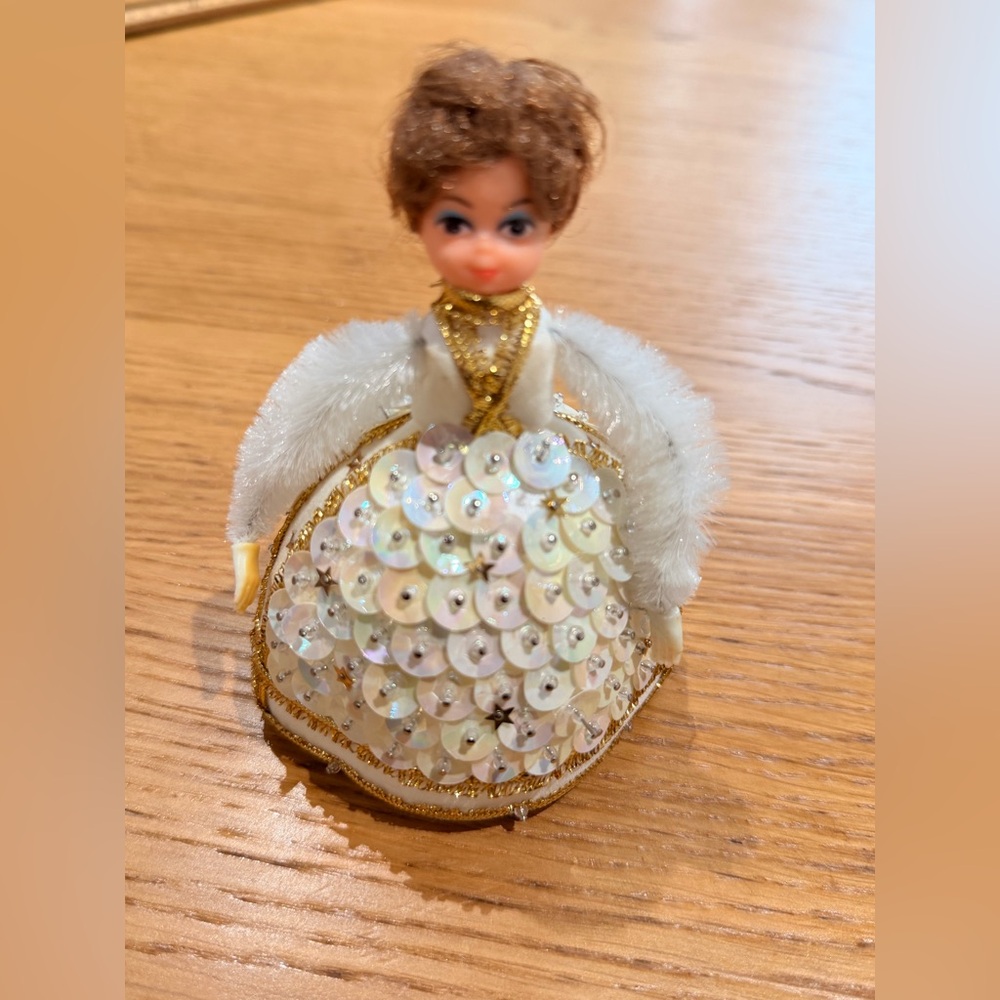 Vintage hand made Sequin Doll Ornament with Gold Accents